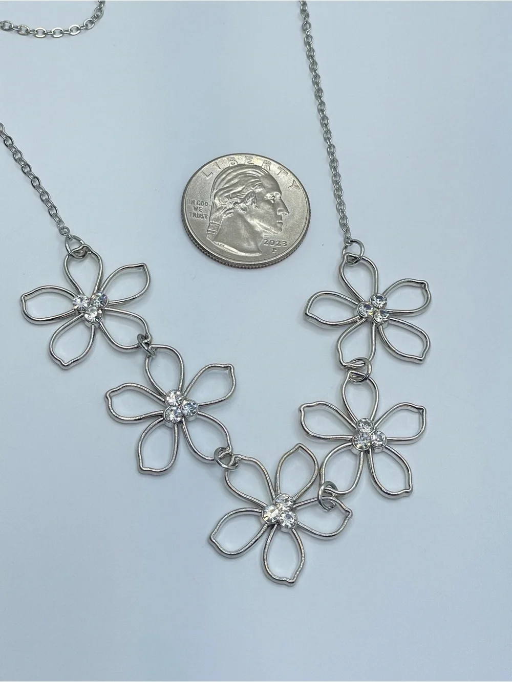 Silver Tone Crystal Flower Necklace Dainty Floral Statement Jewelry